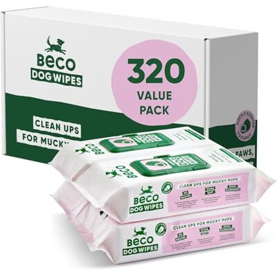 Beco Dog Wipes 4 Packs of 80, Coconut Scented, For Paws, Body and Bum, Plant-Based Grooming Wipes Beco Dog Wipes 4 Packs of 80, Coconut Scented, For Paws, Body and Bum, Plant-Based Grooming Wipes