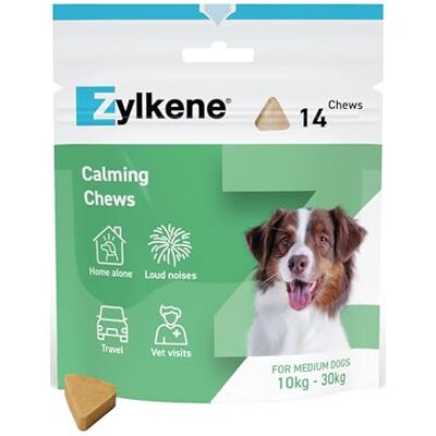 Zylkene Calming Chews for Medium Dogs (10 to 30kg) Promotes Relaxation Helps Pets cope with short-term challenging situations Perfect for on the go, holidays, travelling, fireworks 14 Chews Zylkene Calming Chews for Medium Dogs (10 to 30kg) Promotes Relaxation Helps Pets cope with short-term challenging situations Perfect for on the go, holidays, travelling, fireworks 14 Chews