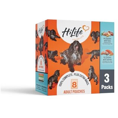 HILIFE Adult Wet Dog Food, Mixed Chicken & Fish Recipes, Complete Dog Food Pouches, 100% Natural Ingredients, Chicken with Tuna & Salmon (24 x 150g Pouches) HILIFE Adult Wet Dog Food, Mixed Chicken & Fish Recipes, Complete Dog Food Pouches, 100% Natural Ingredients, Chicken with Tuna & Salmon (24 x 150g Pouches)