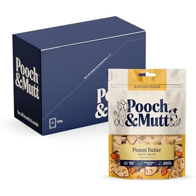 Pooch & Mutt Peanut Butter Meaty Treats, Dog Treats Grain Free, Digestive Friendly and Vegan, Pack of 7x120g (packaging may vary) Pooch & Mutt Peanut Butter Meaty Treats, Dog Treats Grain Free, Digestive Friendly and Vegan, Pack of 7x120g (packaging may vary)