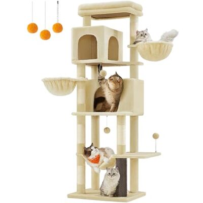 Feandrea Large Cat Tree, 175 cm Tall Cat Tower, Multi-Level Cat Condo with 2 Caves, 2 Baskets, 5 Scratching Posts, Self-Groomer, Perch, Hammock, for Indoor Cats, Sand Beige PCT182Y01 Feandrea Large Cat Tree, 175 cm Tall Cat Tower, Multi-Level Cat Condo with 2 Caves, 2 Baskets, 5 Scratching Posts, Self-Groomer, Perch, Hammock, for Indoor Cats, Sand Beige PCT182Y01