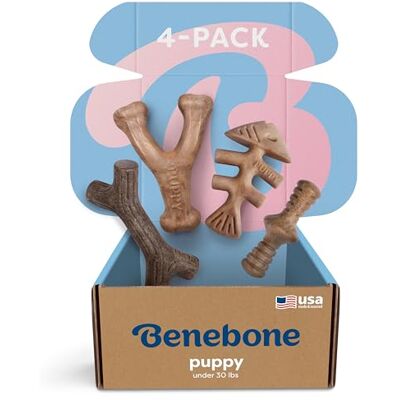 Benebone Puppy 4-Pack Dog Chew Toys, Made in USA, 30lbs and Under, for Modest Chewers Benebone Puppy 4-Pack Dog Chew Toys, Made in USA, 30lbs and Under, for Modest Chewers
