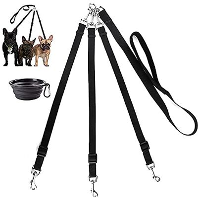 MoSANY 3 Way Dog Leash + a Collapsible Travel Bowl, Nylon Adjustable Coupler No Tangle Detachable 3 in 1 Multiple Dog Pet Cat Puppy Leash with Soft Padded Handle (Black) MoSANY 3 Way Dog Leash + a Collapsible Travel Bowl, Nylon Adjustable Coupler No Tangle Detachable 3 in 1 Multiple Dog Pet Cat Puppy Leash with Soft Padded Handle (Black)