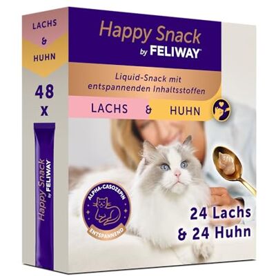 Feliway Happy Snack by Delicious and Soothing Treats for Cats Box of 48 Chicken and Salmon Flavour Sticks Helps Cats Feel Calmer and Develops Affective Bonds Feliway Happy Snack by Delicious and Soothing Treats for Cats Box of 48 Chicken and Salmon Flavour Sticks Helps Cats Feel Calmer and Develops Affective Bonds