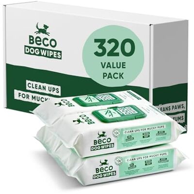 Beco Dog Wipes 4 Packs of 80, Unscented, For Paws, Body and Bum, Plant-Based Grooming Wipes Beco Dog Wipes 4 Packs of 80, Unscented, For Paws, Body and Bum, Plant-Based Grooming Wipes
