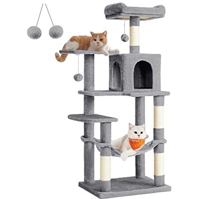 Feandrea Cat Tree Tower, 143 cm Multi-Level Plush Cat Condo with 4 Scratching Posts, 2 Perches, Cave, Hammock, Pompoms, Light Grey PCT161W01 Feandrea Cat Tree Tower, 143 cm Multi-Level Plush Cat Condo with 4 Scratching Posts, 2 Perches, Cave, Hammock, Pompoms, Light Grey PCT161W01