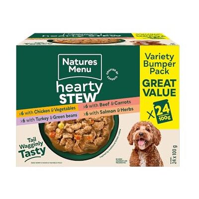 Natures Menu Hearty Stews Chunks in Gravy Wet Food Pouches for Adult Dogs: Jumbo Pack Multiflavour 24 x 100g Natures Menu Hearty Stews Chunks in Gravy Wet Food Pouches for Adult Dogs: Jumbo Pack Multiflavour 24 x 100g