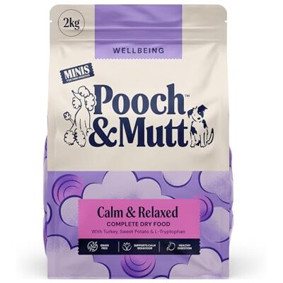 Pooch & Mutt Calm & Relaxed Minis (Small Sized Kibble), Complete Dry Dog Food Grain Free, for Calming Hyperactive or Anxious Dogs, Turkey and Sweet Potato, 2kg Pooch & Mutt Calm & Relaxed Minis (Small Sized Kibble), Complete Dry Dog Food Grain Free, for Calming Hyperactive or Anxious Dogs, Turkey and Sweet Potato, 2kg