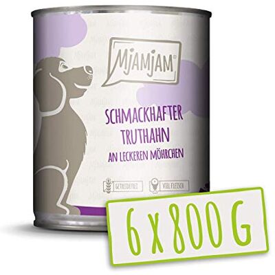 MjAMjAM premium wet food for dogs tasty turkey with delicious carrots, pack of 6 (6 x 800 g), grain-free with extra meat MjAMjAM premium wet food for dogs tasty turkey with delicious carrots, pack of 6 (6 x 800 g), grain-free with extra meat