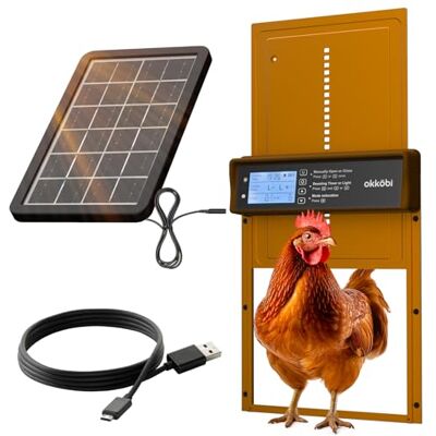 OKKÖBI Chicken Coop Door, Solar Powered with Remote Control, Timer, Light Sensor Anti-Pinch Safety Reverses if Obstructed, Protects Flock from Foxes and Predators OKKÖBI Chicken Coop Door, Solar Powered with Remote Control, Timer, Light Sensor Anti-Pinch Safety Reverses if Obstructed, Protects Flock from Foxes and Predators