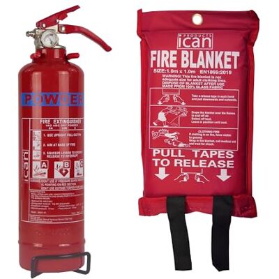 Ican PRODUCTS Home Safety 1kg Dry Powder Fire Extinguisher and 1.2M x 1.2M Soft Case Fire Blanket Ican PRODUCTS Home Safety 1kg Dry Powder Fire Extinguisher and 1.2M x 1.2M Soft Case Fire Blanket
