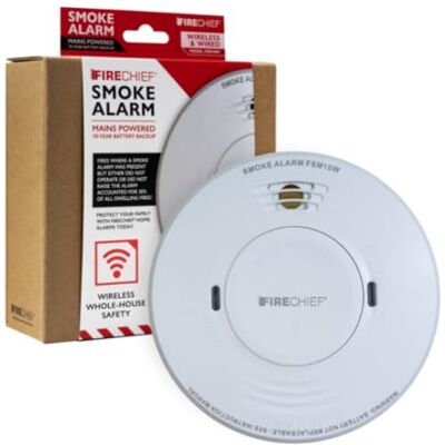 Firechief Smoke Alarm with Wireless Interlink Mains Powered Fire Alarm With 10 Year Battery Backup Kitemark Certified to BS EN 14604 Wirelessly Interlink with Alarms for Home FSM10W Model Firechief Smoke Alarm with Wireless Interlink Mains Powered Fire Alarm With 10 Year Battery Backup Kitemark Certified to BS EN 14604 Wirelessly Interlink with Alarms for Home FSM10W Model