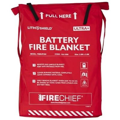 Firechief LithShield Ultra Plus Battery Fire Blanket 2.6 x 2.6 m (FBBUP260) Withstands Up to 2000°C Silica & Fibreglass Made For High-Voltage Battery Safety Firechief LithShield Ultra Plus Battery Fire Blanket 2.6 x 2.6 m (FBBUP260) Withstands Up to 2000°C Silica & Fibreglass Made For High-Voltage Battery Safety