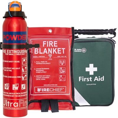 Ultrafire Fire Safety Kit – 600g Powder Extinguisher, St John Ambulance First Aid Kit & 1m x 1m Fire Blanket Ultrafire Fire Safety Kit – 600g Powder Extinguisher, St John Ambulance First Aid Kit & 1m x 1m Fire Blanket