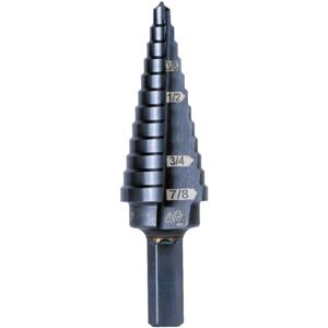 KLEIN TOOLS KTSB14 Step Drill Bit #14 Double-Fluted, 3/16 to 7/8-Inch with Easy-to-Read Step Markings and Targets, 3/8-Inch Hex Shank KLEIN TOOLS KTSB14 Step Drill Bit #14 Double-Fluted, 3/16 to 7/8-Inch with Easy-to-Read Step Markings and Targets, 3/8-Inch Hex Shank