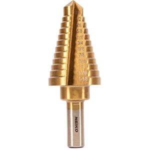 Neiko 10189A Titanium Step Drill Bit, High-Speed Alloy Steel Bit, Hole Expander for Wood and Metal, 12 Step Sizes from 7/16 Inches to 1 1/8 Inches Neiko 10189A Titanium Step Drill Bit, High-Speed Alloy Steel Bit, Hole Expander for Wood and Metal, 12 Step Sizes from 7/16 Inches to 1 1/8 Inches