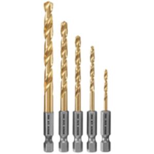 Bosch TI5IM 5-Piece Assorted Set Titanium Nitride Coated Metal Drill Bits with Included Case Impact Tough with Impact-Rated Hex Shank Ideal for Heavy-Gauge Carbon Steels, Light Gauge Metal, Hardwood Bosch TI5IM 5-Piece Assorted Set Titanium Nitride Coated Metal Drill Bits with Included Case Impact Tough with Impact-Rated Hex Shank Ideal for Heavy-Gauge Carbon Steels, Light Gauge Metal, Hardwood