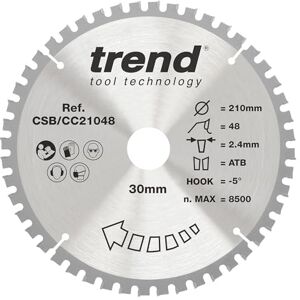 Trend Wood Mitre Saw Blade, 210mm Diameter, 30mm Bore, 48 Teeth, 2.4mm Kerf, -5° Hook, TCT, Fine Finish, CSB/CC21048 Trend Wood Mitre Saw Blade, 210mm Diameter, 30mm Bore, 48 Teeth, 2.4mm Kerf, -5° Hook, TCT, Fine Finish, CSB/CC21048