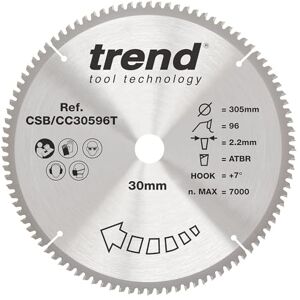 Trend Wood Cordless ATBR Mitre Saw Blade, 305mm Diameter, 30mm Bore, 96 Teeth, 2.2mm Kerf, +7° Hook, TCT, Extra-Fine Finish, CSB/CC30596T Trend Wood Cordless ATBR Mitre Saw Blade, 305mm Diameter, 30mm Bore, 96 Teeth, 2.2mm Kerf, +7° Hook, TCT, Extra-Fine Finish, CSB/CC30596T