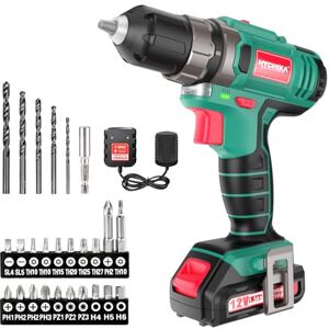 HYCHIKA BETTER TOOLS FOR BETTER LIFE HYCHIKA Cordless Drill Driver 12V, Electric Screwdriver 30N·m, 21+1 Torque Electric Drill, 2-Variable Speed LED Work Light, 1500mAh Li-Ion Battery 25Pcs Accessories for Home and Garden DIY Project HYCHIKA BETTER TOOLS FOR BETTER LIFE HYCHIKA Cordless Drill Driver 12V, Electric Screwdriver 30N·m, 21+1 Torque Electric Drill, 2-Variable Speed LED Work Light, 1500mAh Li-Ion Battery 25Pcs Accessories for Home and Garden DIY Project