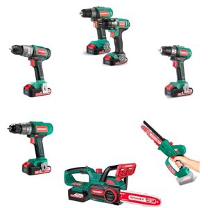 HYCHIKA BETTER TOOLS FOR BETTER LIFE HYCHIKA 7 Piece Cordless Power Tool Combo Kit (4 x 18 V Cordless Drill, 1 x Impact Driver, 1 x Mini Cordless Chainsaw, 1 x 10" Cordless Chainsaw) Complete with 5 x 2.0AH Battery, 2 x 4.0AH Battery HYCHIKA BETTER TOOLS FOR BETTER LIFE HYCHIKA 7 Piece Cordless Power Tool Combo Kit (4 x 18 V Cordless Drill, 1 x Impact Driver, 1 x Mini Cordless Chainsaw, 1 x 10" Cordless Chainsaw) Complete with 5 x 2.0AH Battery, 2 x 4.0AH Battery