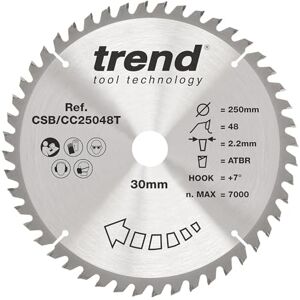 Trend Wood Cordless ATBR Mitre Saw Blade, 250mm Diameter, 30mm Bore, 48 Teeth, 2.2mm Kerf, +7° Hook, TCT, Medium Finish, CSB/CC25048T Trend Wood Cordless ATBR Mitre Saw Blade, 250mm Diameter, 30mm Bore, 48 Teeth, 2.2mm Kerf, +7° Hook, TCT, Medium Finish, CSB/CC25048T