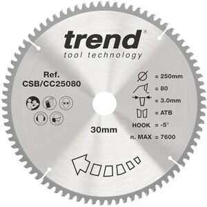 Trend Wood Mitre Saw Blade, 250mm Diameter, 30mm Bore, 80 Teeth, 3mm Kerf, -5° Hook, TCT, Extra-Fine Finish, CSB/CC25080 Trend Wood Mitre Saw Blade, 250mm Diameter, 30mm Bore, 80 Teeth, 3mm Kerf, -5° Hook, TCT, Extra-Fine Finish, CSB/CC25080