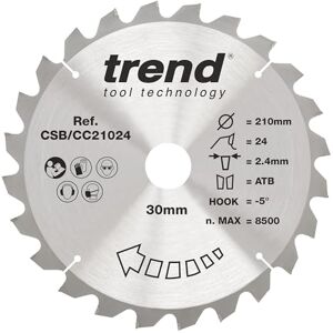 Trend Wood Mitre Saw Blade, 210mm Diameter, 30mm Bore, 24 Teeth, 2.4mm Kerf, -5° Hook, TCT, Coarse Finish, CSB/CC21024 Trend Wood Mitre Saw Blade, 210mm Diameter, 30mm Bore, 24 Teeth, 2.4mm Kerf, -5° Hook, TCT, Coarse Finish, CSB/CC21024