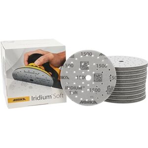 Mirka Iridium Soft sanding discs Ø 150 mm/grit P1500 / Hook & Loop Multifit / 20 pieces/foam-based abrasive for precise dry sanding, clear lacquer sanding, finish Mirka Iridium Soft sanding discs Ø 150 mm/grit P1500 / Hook & Loop Multifit / 20 pieces/foam-based abrasive for precise dry sanding, clear lacquer sanding, finish