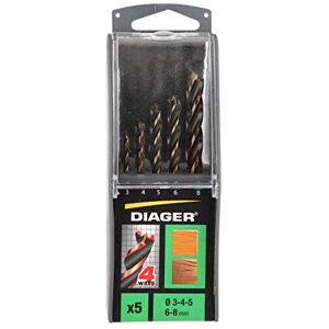Diager , Set of 5 Wooden Drill Bits with 4 Points Diameter 3-4-5-6-8 mm Diager , Set of 5 Wooden Drill Bits with 4 Points Diameter 3-4-5-6-8 mm