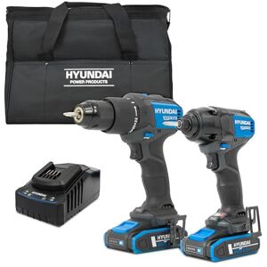 Hyundai 20V Cordless Drill Set, 60Nm Hammer Drill and 230Nm Impact Driver, Brushless Kit with 2X 2.0Ah Batteries, 2A Charger Hyundai 20V Cordless Drill Set, 60Nm Hammer Drill and 230Nm Impact Driver, Brushless Kit with 2X 2.0Ah Batteries, 2A Charger