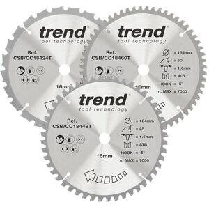 Trend Wood Cordless Mitre Saw Blades, 184mm Diameter, 16mm Bore, 24/48/60 Teeth, 1.6mm Kerf, -5° Hook, TCT, Medium/Fine/Extra-Fine Finish, 3 Pack, CSB/CC184/3PK Trend Wood Cordless Mitre Saw Blades, 184mm Diameter, 16mm Bore, 24/48/60 Teeth, 1.6mm Kerf, -5° Hook, TCT, Medium/Fine/Extra-Fine Finish, 3 Pack, CSB/CC184/3PK