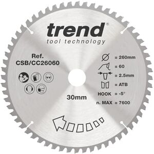 Trend Wood Mitre Saw Blade, 260mm Diameter, 30mm Bore, 60 Teeth, 2.5mm Kerf, -5° Hook, TCT, Fine Finish, CSB/CC26060 Trend Wood Mitre Saw Blade, 260mm Diameter, 30mm Bore, 60 Teeth, 2.5mm Kerf, -5° Hook, TCT, Fine Finish, CSB/CC26060