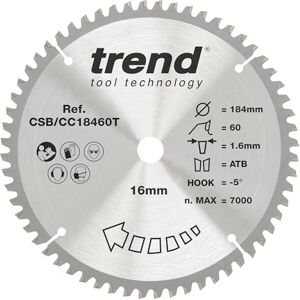 Trend Wood Cordless Mitre Saw Blade, 184mm Diameter, 16mm Bore, 60 Teeth, 1.6mm Kerf, -5° Hook, TCT, Extra-Fine Finish, CSB/CC18460T Trend Wood Cordless Mitre Saw Blade, 184mm Diameter, 16mm Bore, 60 Teeth, 1.6mm Kerf, -5° Hook, TCT, Extra-Fine Finish, CSB/CC18460T