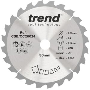 Trend Wood Mitre Saw Blade, 260mm Diameter, 30mm Bore, 24 Teeth, 2.5mm Kerf, -5° Hook, TCT, Coarse Finish, CSB/CC26024 Trend Wood Mitre Saw Blade, 260mm Diameter, 30mm Bore, 24 Teeth, 2.5mm Kerf, -5° Hook, TCT, Coarse Finish, CSB/CC26024