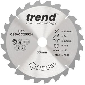 Trend Wood Mitre Saw Blade, 255mm Diameter, 30mm Bore, 24 Teeth, 2.4mm Kerf, -5° Hook, TCT, Coarse Finish, CSB/CC25524 Trend Wood Mitre Saw Blade, 255mm Diameter, 30mm Bore, 24 Teeth, 2.4mm Kerf, -5° Hook, TCT, Coarse Finish, CSB/CC25524