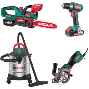 HYCHIKA BETTER TOOLS FOR BETTER LIFE HYCHIKA Power Tool Combo Kit Includes 26Pcs Cordless Drill, 10" Cordless Chainsaw, 700W Mini Circular Saw, 3 in 1 Wet and Dry Vacuum Cleaner(1200 W, 20 L), with 2 x 18V Battery(2.0Ah, 4.0Ah) HYCHIKA BETTER TOOLS FOR BETTER LIFE HYCHIKA Power Tool Combo Kit Includes 26Pcs Cordless Drill, 10" Cordless Chainsaw, 700W Mini Circular Saw, 3 in 1 Wet and Dry Vacuum Cleaner(1200 W, 20 L), with 2 x 18V Battery(2.0Ah, 4.0Ah)