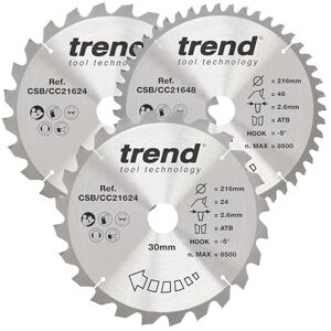 Trend Wood Mitre Saw Blade, 216mm Diameter, 30mm Bore, 24/48 Teeth, 2.6mm Kerf, -5° Hook, TCT, Coarse/Fine Finish, 3 Pack, CSB/CC216/3/A Trend Wood Mitre Saw Blade, 216mm Diameter, 30mm Bore, 24/48 Teeth, 2.6mm Kerf, -5° Hook, TCT, Coarse/Fine Finish, 3 Pack, CSB/CC216/3/A