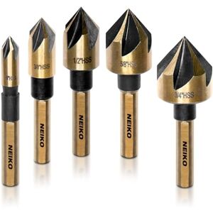 Neiko 10218A Countersink Drill Bit Set for Wood and Metal, 1/4” Tri-Flat Shank, 5 Piece Countersink Bits, M2 High Speed Steel Neiko 10218A Countersink Drill Bit Set for Wood and Metal, 1/4” Tri-Flat Shank, 5 Piece Countersink Bits, M2 High Speed Steel
