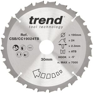 Trend Wood Cordless Mitre Saw Blade, 190mm Diameter, 30mm Bore, 24 Teeth, 2.3mm Kerf, -5° Hook, TCT, Medium Finish, CSB/CC19024TB Trend Wood Cordless Mitre Saw Blade, 190mm Diameter, 30mm Bore, 24 Teeth, 2.3mm Kerf, -5° Hook, TCT, Medium Finish, CSB/CC19024TB