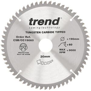 Trend Wood Mitre Saw Blade, 190mm Diameter, 30mm Bore, 60 Teeth, 2.6mm Kerf, -5° Hook, TCT, Extra-Fine Finish, CSB/CC19060 Trend Wood Mitre Saw Blade, 190mm Diameter, 30mm Bore, 60 Teeth, 2.6mm Kerf, -5° Hook, TCT, Extra-Fine Finish, CSB/CC19060
