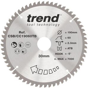 Trend Wood Cordless Mitre Saw Blade, 190mm Diameter, 30mm Bore, 60 Teeth, 2.3mm Kerf, -5° Hook, TCT, Extra-Fine Finish, CSB/CC19060TB Trend Wood Cordless Mitre Saw Blade, 190mm Diameter, 30mm Bore, 60 Teeth, 2.3mm Kerf, -5° Hook, TCT, Extra-Fine Finish, CSB/CC19060TB