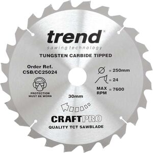 Trend Wood Mitre Saw Blade, 250mm Diameter, 30mm Bore, 24 Teeth, 3mm Kerf, -5° Hook, TCT, Coarse Finish, CSB/CC25024 Trend Wood Mitre Saw Blade, 250mm Diameter, 30mm Bore, 24 Teeth, 3mm Kerf, -5° Hook, TCT, Coarse Finish, CSB/CC25024