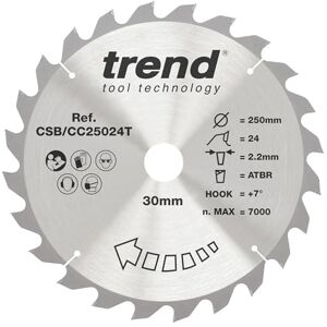 Trend Wood Cordless ATBR Mitre Saw Blade, 250mm Diameter, 30mm Bore, 24 Teeth, 2.2mm Kerf, +7° Hook, TCT, Coarse Finish, CSB/CC25024T Trend Wood Cordless ATBR Mitre Saw Blade, 250mm Diameter, 30mm Bore, 24 Teeth, 2.2mm Kerf, +7° Hook, TCT, Coarse Finish, CSB/CC25024T