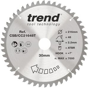 Trend Wood Cordless ATBR Mitre Saw Blade, 216mm Diameter, 30mm Bore, 48 Teeth, 2.2mm Kerf, +7° Hook, TCT, Fine Finish, CSB/CC21648T Trend Wood Cordless ATBR Mitre Saw Blade, 216mm Diameter, 30mm Bore, 48 Teeth, 2.2mm Kerf, +7° Hook, TCT, Fine Finish, CSB/CC21648T