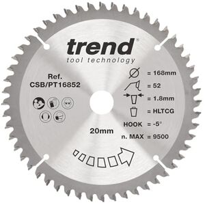 Trend Tungsten Carbide Saw Blade, 168mm Diameter, 20mm Arbor, 52 Teeth, 1.8mm Kerf, -5° Hook Finish, CSB/PT16852, Ideal for Hard Laminates, Wood Trend Tungsten Carbide Saw Blade, 168mm Diameter, 20mm Arbor, 52 Teeth, 1.8mm Kerf, -5° Hook Finish, CSB/PT16852, Ideal for Hard Laminates, Wood