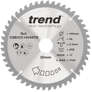Trend Wood Cordless Mitre Saw Blade, 190mm Diameter, 30mm Bore, 48 Teeth, 2.3mm Kerf, -5° Hook, TCT, Fine Finish, CSB/CC19048TB Trend Wood Cordless Mitre Saw Blade, 190mm Diameter, 30mm Bore, 48 Teeth, 2.3mm Kerf, -5° Hook, TCT, Fine Finish, CSB/CC19048TB