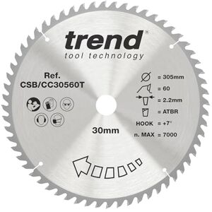Trend Wood Cordless ATBR Mitre Saw Blade, 305mm Diameter, 30mm Bore, 60 Teeth, 2.2mm Kerf, +7° Hook, TCT, Fine Finish, CSB/CC30560T Trend Wood Cordless ATBR Mitre Saw Blade, 305mm Diameter, 30mm Bore, 60 Teeth, 2.2mm Kerf, +7° Hook, TCT, Fine Finish, CSB/CC30560T