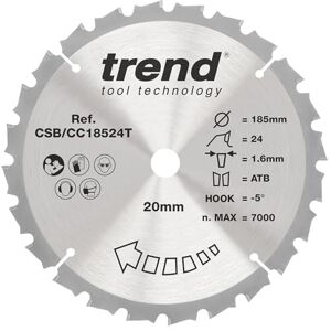 Trend Wood Cordless Mitre Saw Blade, 185mm Diameter, 20mm Bore, 24 Teeth, 1.6mm Kerf, -5° Hook, TCT, Medium Finish, CSB/CC18524T Trend Wood Cordless Mitre Saw Blade, 185mm Diameter, 20mm Bore, 24 Teeth, 1.6mm Kerf, -5° Hook, TCT, Medium Finish, CSB/CC18524T