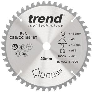 Trend Wood Cordless Mitre Saw Blade, 185mm Diameter, 20mm Bore, 48 Teeth, 1.6mm Kerf, -5° Hook, TCT, Fine Finish, CSB/CC18548T Trend Wood Cordless Mitre Saw Blade, 185mm Diameter, 20mm Bore, 48 Teeth, 1.6mm Kerf, -5° Hook, TCT, Fine Finish, CSB/CC18548T